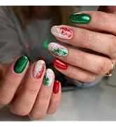 Christmas Fake Nails Short Almond Winter Press on Nails Red Green Full Cover White Snowflake Fals...