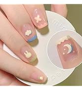 ANDGING Press on Nails Short Coffin, Fake Nails for Women with Cute Nude Pink White Cloud Moon Ra...
