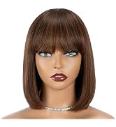 Rebecca Fashion Highlight Brown Bob Wig with Bangs Human Hair 10 Inch Light Yaki Straight Short B...
