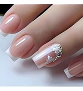 WAFOLOZE Nails Press ons,Nude Press on Nails Medium Fake/False Nails with Flower&Rhinestones Desi...