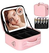 Yofuly Makeup Bag with Mirror and Lights, Lighted Makeup Case, Travel Makeup Train Case with Adju...