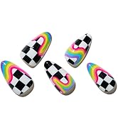 GLAMERMAID Press on Nails Medium Almond, Y2K Rainbow Oval Fake Nails with Checkerboard Color, Glo...