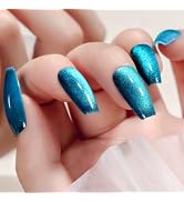 WAFOLOZE Long Press on Nails Coffin Fake Nails Blue False Nails with Melbourne Cat Eye Gloss Desi...