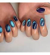 Cat Eye Press on Nails Short Oval Fake Nails Acrylic Nails Press ons Dark Blue Bling Full Cover G...