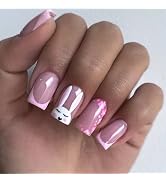 Easter Nails Press on Nails Short Square Fake Nails with Designs French Cute Bunny Pink Flower Fu...