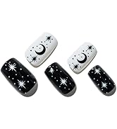 GLAMERMAID Short Square Press on Nails, Black White Stars Medium Fake Nails with Star Design, UV ...