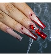 YOSOMK Burgundy French Tip Long Press on Nails with 3D Rhinestones Designs Red False Fake Nails A...