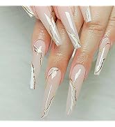 ANDGING Press on Nails Medium Length Coffin, Fake Nails for Women with Nude Pink White Gold Curve...