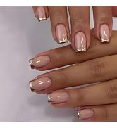 Gold Press on Nails Medium Gold French Tip Fake Nails Square Shape False Nail Tips Nude Pink Full...