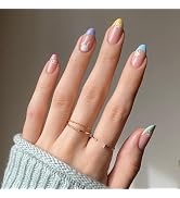 Easter Nails Press on Nails Medium Almond Fake Nails with Designs French Cute Bunny Flower Colorf...