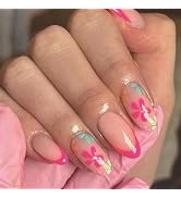 Flower Press on Nails Short Almond Fake Nails Pink French Tip Nails Press ons Colorful Flowers Ac...