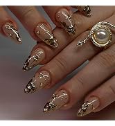30Pcs 3D Gold Press on Nails French Tip Fake Nails Almond Nail Design Glossy Acrylic Nails Star R...