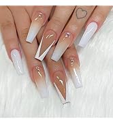 YOSOMK Gradient French Tip Press on Nails Long Coffin Fake Nails with Designs Glossy False Nails ...
