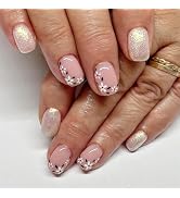 Flower Press on Nails Spring Fake Nails Short Square False Nails Press ons with Floral Designs Pi...