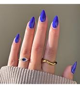 Dark Blue Press On Nails - Almond Medium Fake Nails, Solid Color, Glossy Finish, Full Cover, Reus...