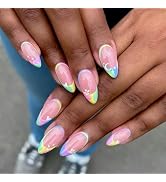Colorful Tips Press on Nails Medium Almond Fake Nails with Designs French Dopamine Style Pink Nud...