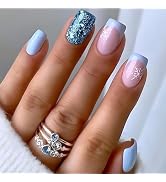 Christmas Press on Nails Short Square SWEKKE French Tip Fake Nails Blue Full Cover White Snow Fal...