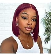 YMSGIRL Burgundy Closure Wigs Human Hair Straight Short Bob Wig For Women 99J Lace Front Wigs Hum...