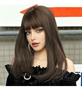 MIMAN 19 Inch Long Dark Brown Straight Hair Wigs with Bangs Synthetic Hair Wig Halloween Costume ...