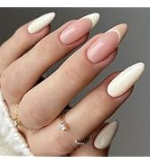 GLAMERMAID Creamy White French Tip Press on Nails Short Almond, Nude Beige Fake Nail Gel, Medium ...