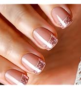 GCSQW Pink Glitter Press on Nails Short Square Fake Nails Sparkly French Tip False Nails Glossy A...