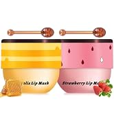 2PCS Bee Lip Balm Honey Pot, Honey Strawberry Lip balm Lip Mask with Stick, Moisturizing Lip Slee...