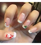 Christmas Press on Nails Short Square Fake Nails Nude French Tip Stick on Nails Cute Snowflake Fu...