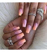 ANDGING Press on Nails Short Medium Coffin, Fake Nails for Women with Pink Orange Ombre Bling Seq...