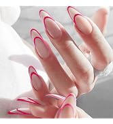 Almond Press On Nails French Tip Fake Nails, Full Cover Gel Reusable Acrylic Nails, Reusable Nail...