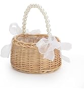 Elegant Wedding Flower Girl Basket with Pearl Handle and Ribbon Bow, Bowknot Satin Flower Basket ...