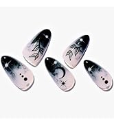 Press on Nails Medium Almond, GLAMERMAID Gothic Black Ombre French Tip Glue on Gel Nails, 24Pcs S...