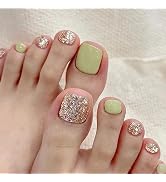 Toenails Square Fake Toenails Glossy Green Press on Toenails Solid Short Acrylic False Toes Nails...