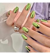 Chrome Press On Nails Medium Square Fake Nails Green False Nails with Designs Metallic Holographi...