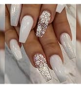 Christmas Press on Nails Medium Coffin White Winter Fake Nails Full Cover Snowflake False Nails w...