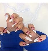 ANDGING Halloween Press on Nails Short Medium Almond, Oval White Bleed Fake Nails French Tip Pres...