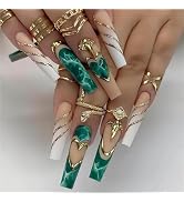 QQPPOLIU Long Square Press on Nails Green Fake Nails Curved Press Ons eith Designs Opulent Glue o...