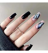 ANDGING Press on Nails Short Medium Coffin, Fake Nails for Women with Black Nude Pink Butterfly D...