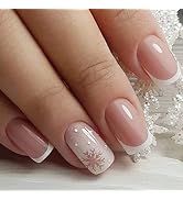 Christmas Press on Nails Short Square Fake Nails French Tip Acrylic Nails Cute White Snowflake Fu...