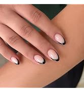 Black French Tip Press on Nails Short Nails Press ons Glossy Fake Nails Oval Acrylic Nails Light ...