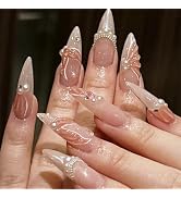 Long Press on Nails Stiletto Fake Nails French Tip False Nails with Designs 3D Fishtail Pearl Glu...