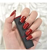 ELEVENAIL Full Cover Wine Red Glitter Press on False Nails Short Squoval Salon DIY Manicure Reusa...