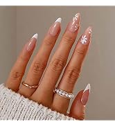 ANDGING Press on Nails Short Medium Almond, Fake Nails for Women with Simple Nude Pink White Flow...