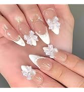 Press on Nails Almond Medium Fake Nails with 3D Bow Pearl Designs White French Tip Nails Press on...