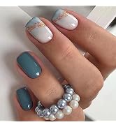 Press on Nails Short Square Fake Nails Sea Blue Acrylic Nails Press ons Glossy Full Cover False N...