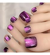 Purple Press On Cat Eye Glitter Glue Full Cover Glossy Acrylic Toe Nails - Reusable, Solid Color,...