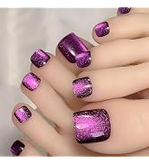 Purple Press On Cat Eye Glitter Glue Full Cover Glossy Acrylic Toe Nails - Reusable, Solid Color,...