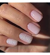 ROMODIYA Press on Nails Short Square, Nude Pink Glitter Fake Nails, Gel Made Solid Color False Na...