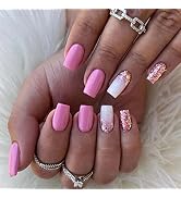 ANDGING Press on Nails Short Medium Coffin, Fake Nails for Women with White Pink Gold Bling Rhine...