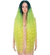Style Icon 41” Ombre Green Yellow Lemon Wig Lace Front Wigs Long Wavy Synthetic Wigs with Baby Ha...