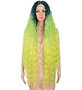 Style Icon 41” Ombre Green Yellow Lemon Wig Lace Front Wigs Long Wavy Synthetic Wigs with Baby Ha...